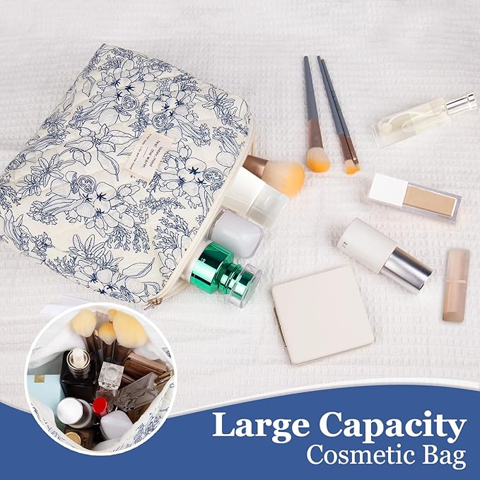 2PC Makeup Bag Set, Cute Cosmetic Bag for Women Girls, Floral Coquette Aesthetic Toiletry Bag, Travel Make Up Organizer Bag (Navy Blue)