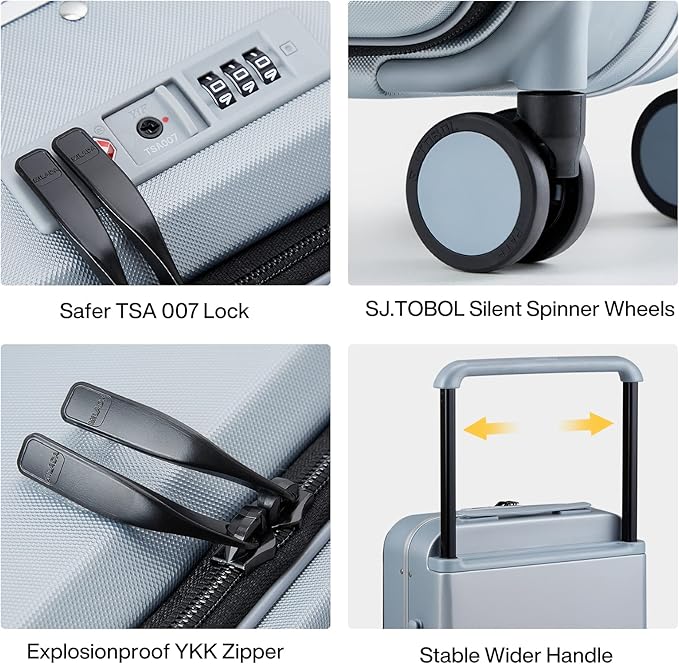 MILADA Wide Handle Luggage with Front Pocket Hardshell Aluminium Check In Suitcase with Wheels Medium 24 Inch Front Opening Checked Luggage with Spinner Wheels TSA Lock Airline Approved Luggage, Grey