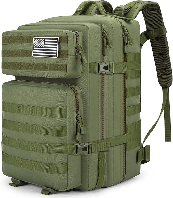 Tactical Backpack 45L Military Rucksack, Water Resistant MOLLE Assault Pack, Large 3 Day Bug Out Bag for Men & Women, Durable Outdoor Gear for Hiking, Camping, Hunting, Travel (ArmyGreen)