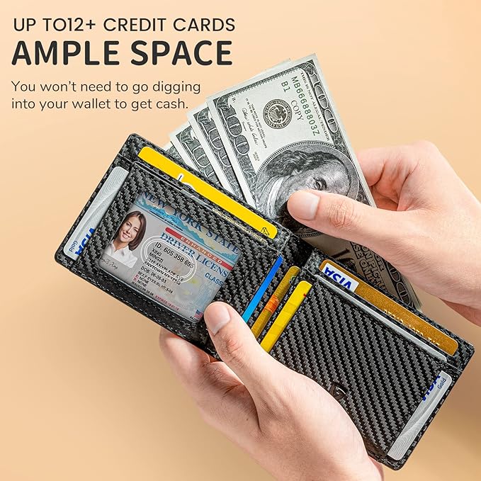 GSOIAX Mens Slim Wallet for Men Minimalist Genuine Leather Carbon Fiber Rfid Blocking Bifold Credit Card Holder With Gift Box (Carbon)