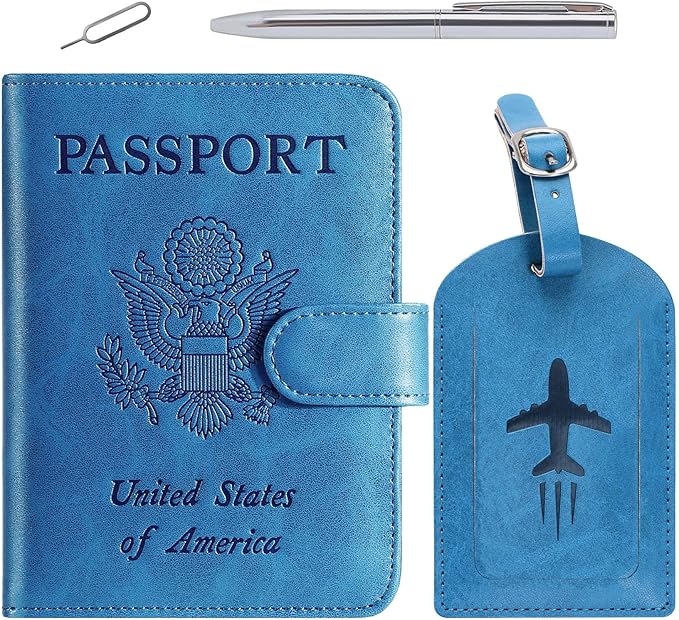Passport Holder With Luggage Tag Cover Wallet RFID Blocking Leather Case Travel Essentials Accessories Travel Must Have(114#Blue)