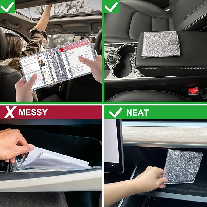 Car Registration & Insurance Holder - Premium Leather Document Organizer for Cards, Essential Documents, Driver License - Gray Glitter