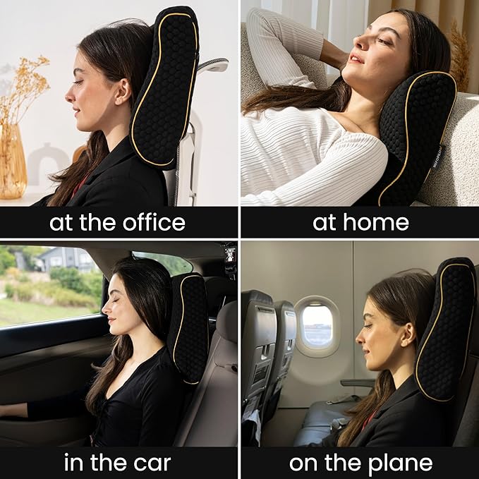 Memory Foam Travel Pillow with Washable Cover & Carry Bag – Compact, Soft & Breathable Neck Pillow for Airplane, Camping & Car (Black- Without Spare Cover, 13.8x11.8x3.9/3.1 inches)