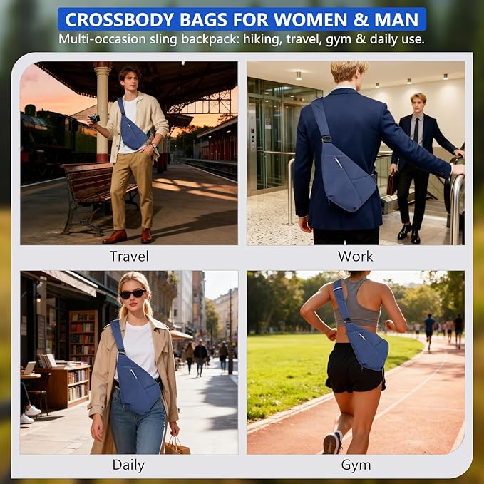 Crossbody Bags For Men, Lightweight Crossbody Sling Backpack, Sling Bag Anti Thief Chest Bag Daypack For Travel Hiking (Navy Blue)