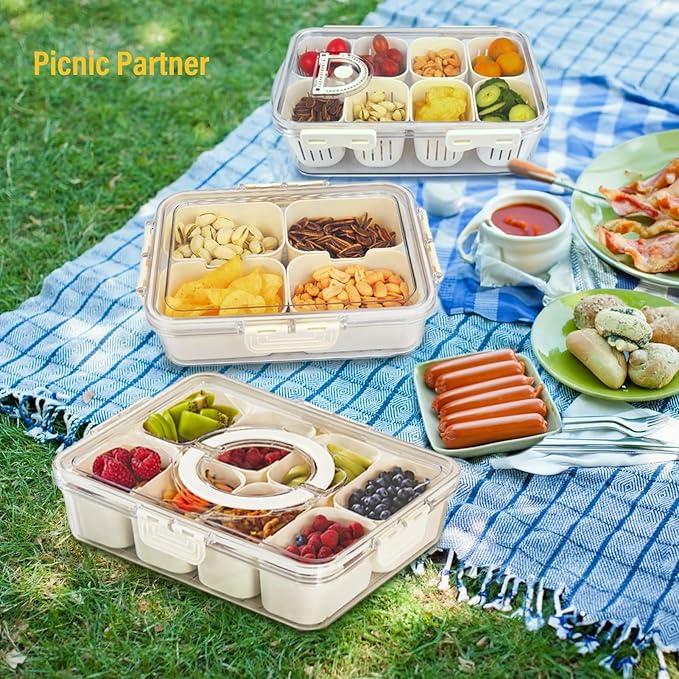 Snack Box Container, Portable Travel Charcuterie Board with Lid, Refrigerator Food Storage Box, Snack Organizer, Divided Storage Containers, chopped salad box (2 pack 8 Compartment)