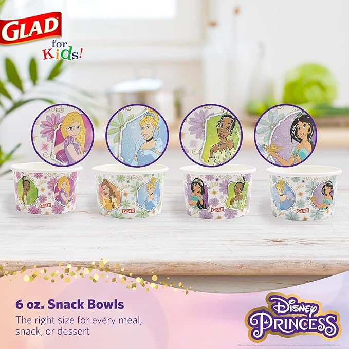 Glad for Kids Disney Princess Disposable Paper Snack Bowls, Lids Not Included, Floral Frames - Heavy Duty, Microwavable, Disposable Snack Cups with Lid for Soup or Ice Cream, 6 Oz, 20 Count - 10 Pack