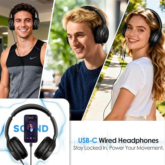USB C Headphones Wired Headphones Over Ear with HD Mic, Corded Headphones/Lightweight/Foldable/Adjustable for iPad/Sports/School/Travel/iPhone 17/16/15, Samsung S25/S24, Google Pixel 9, Ideal Gifts