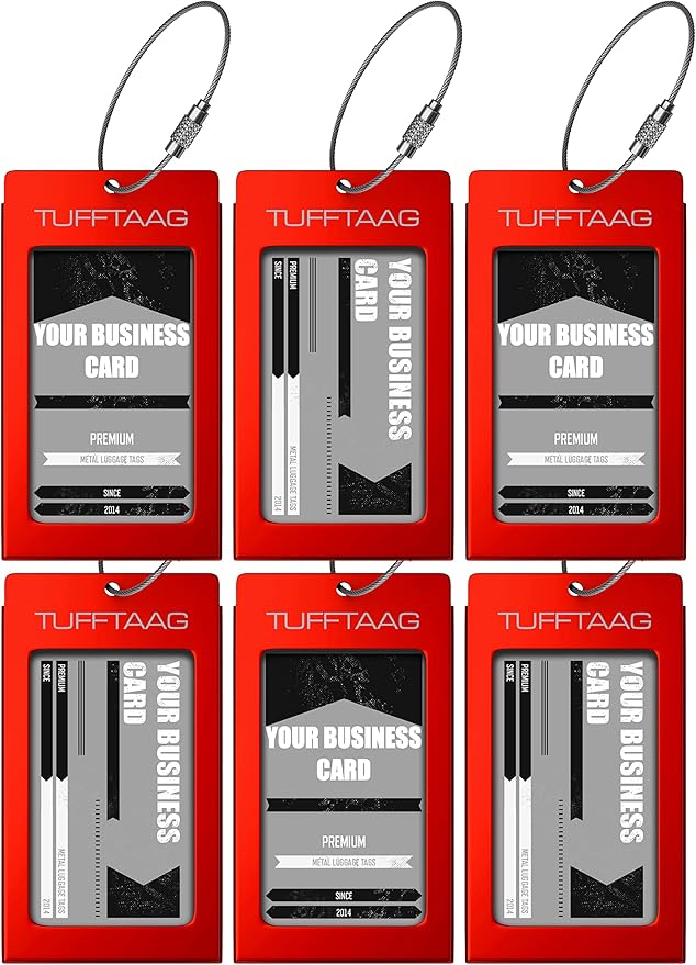 Luggage Tags Business Card Holder - 6 Pack Scarlet Metal Tags for Suitcases, Backpacks, and Carry-Ons