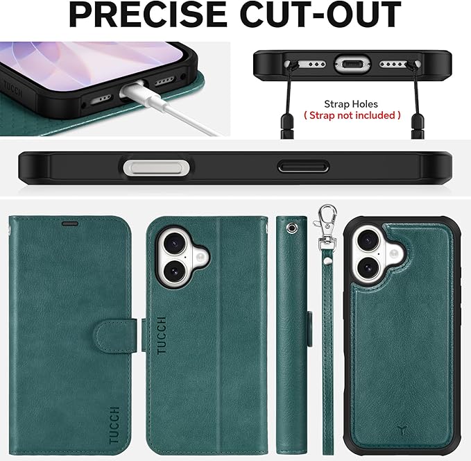 TUCCH Removable Case Wallet for iPhone 17 (6.3") 2025, Detachable Wrist Strap, Wireless Charging, Stand, 4 Card Slots RFID Blocking, 2-in-1 Magnetic, PU Leather Shockproof Cover, Teal Blue
