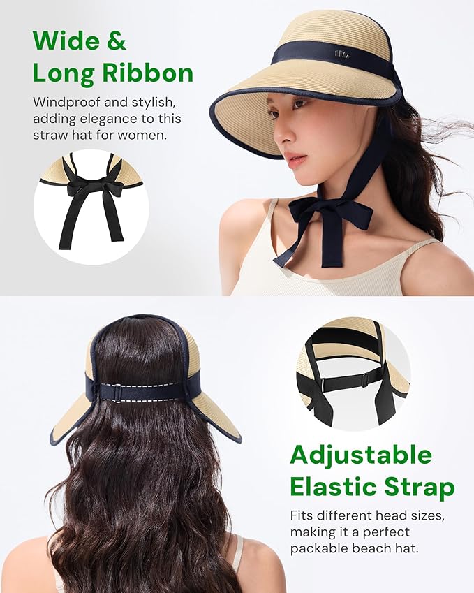 BENEUNDER Sun Visors for Women UPF50+ Foldable Wide Brim Straw Hats Packable Summer Ponytail Beach Hats for Travel