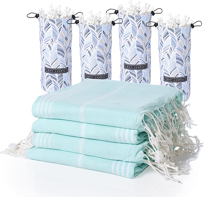 BAY LAUREL Turkish Beach Towel with Travel Bag 39 x 71 Quick Dry Sand Free Lightweight Large Oversized Towels Light - Pack of 4 (Pack of 4 - Aqua with Blue Floral Bag)