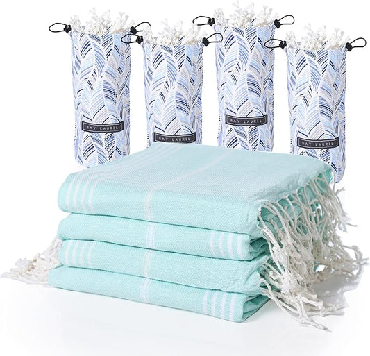 BAY LAUREL Turkish Beach Towel with Travel Bag 39 x 71 Quick Dry Sand Free Lightweight Large Oversized Towels Light - Pack of 4 (Pack of 4 - Aqua with Blue Floral Bag)