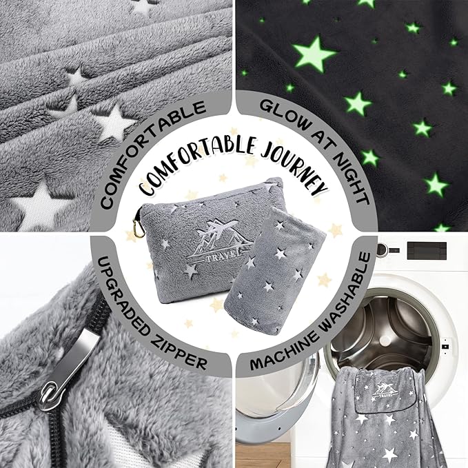 HWING Travel Blanket Airplane Compact with Bag - Glow in The Dark Stars Blanket Travel Pillows for Airplanes Travel Essentials for Flying - Birthday Gifts for Kids Teens Women Camping Outdoor Blanket