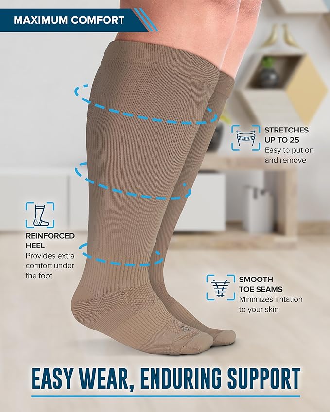 Doctor's Select 3 Pairs Plus Size Compression Socks Wide Calf - Up to 6XL | 20-30 mmHg Compression Socks for Women Wide Calf | Tan-XXL