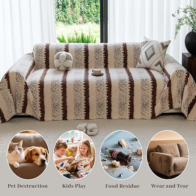Sherpa Fleece Oversized Couch Cover for 3-4 Cushion Sofa, Brown 71" x 150" - Pet Proof Sofa Covers Heavy Duty Scratch Resistant Pet Friendly Furniture Cover - Easy Install, Machine Washable