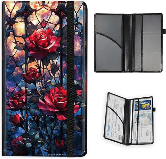 Car Registration and Insurance Holder PU Leather Vehicle Insurance and Registration Holders Wallet Case with Elastic Band Closure for ID Card, Driving Licence, Red Rose Stained Glass