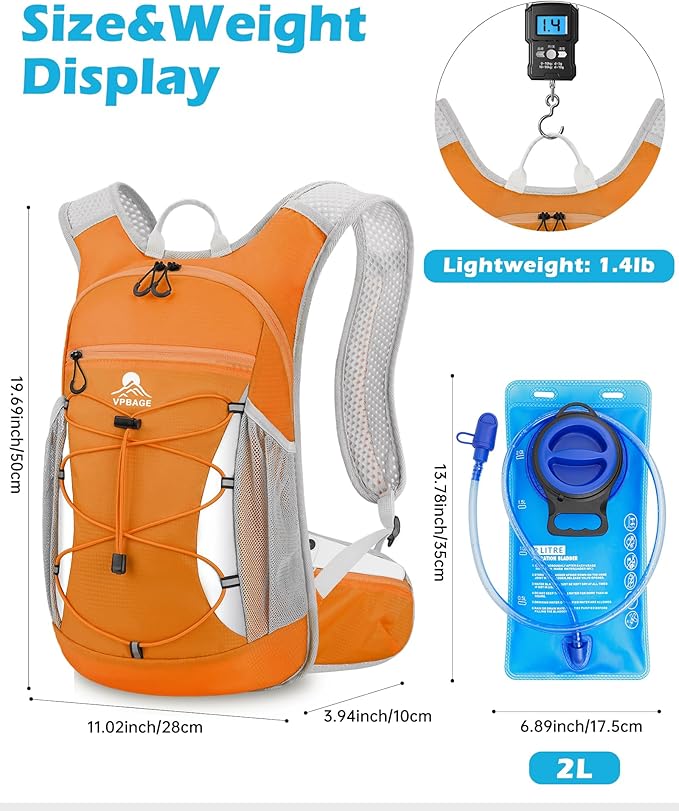 Hydration Backpack with 2L Water Bladder - Lightweight 15L Daypack with Phone-Sized Hip Belt Pockets, Anti-Chafe Cotton Edging & No-Bounce Straps - Small Water Backpack for Hiking, Running, Skiing