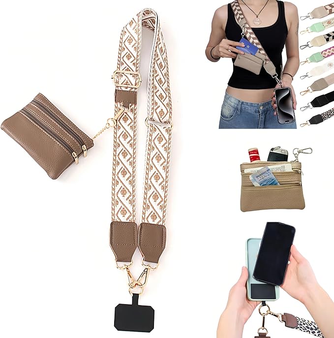 Crossbody Body Phone Holder for Women, New Phone Strap with Zippered Pouch, Adjustable Crossbody Strap (Brown)