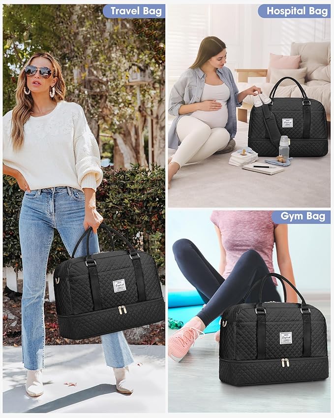 Women Weekender Travel Duffle Bag: Large Overnight Bags with Shoe Compartment Carry on Bags with Toiletry Bag Weekend Yoga Gym Bag with Wet Pocket Travel Duffel Tote Bag Hospital Bag Black