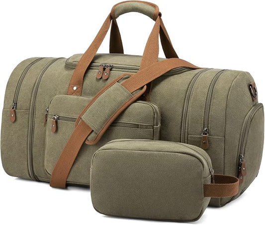 Sucipi Canvas Travel Duffel Bag for Men, Weekend Overnight Bag with Shoe Compartment and Toiletry Bag, Carry-On for Airplanes, Army green