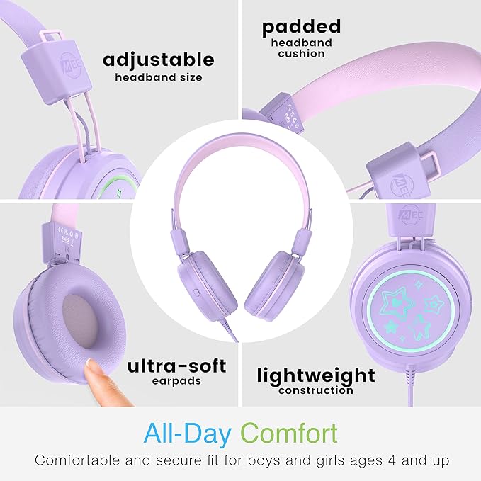 MEE Audio KidJamz KJ55 Safe Listening USB-C Headphones for Children with Multicolor LED Lights, Volume Limiter, & Mic; On-Ear Wired Headset for iPhone 16, iPad, & USB Type C Devices (Lavender)