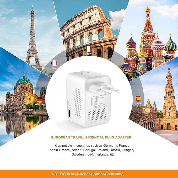 220 V to 110 V Voltage Converter, 20 W PD, Reduces 220 V to 120 V, U.S. to Europe Travel Converter for Over 80 Countries, Including Most European Countries, France, Germany, Italy and Australia