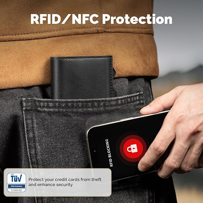 YESIIW Slim Wallet for Men Pop Up Card Holder: Aluminum Case, Premium Leather, Smart, RFID Blocking, Minimalist, Front Pocket - 9-11 Card Capacity | ID Window | Cash Slot (Black)