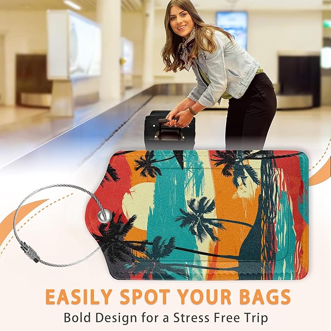 Abstract Beach 3 Pack Luggage Tags for Suitcases, Colorful Tropical Palm Tree Sunset PU Leather Luggage Tag for Travel, Bag Tags with Privacy Name ID Card and Steel Loop for Women Men