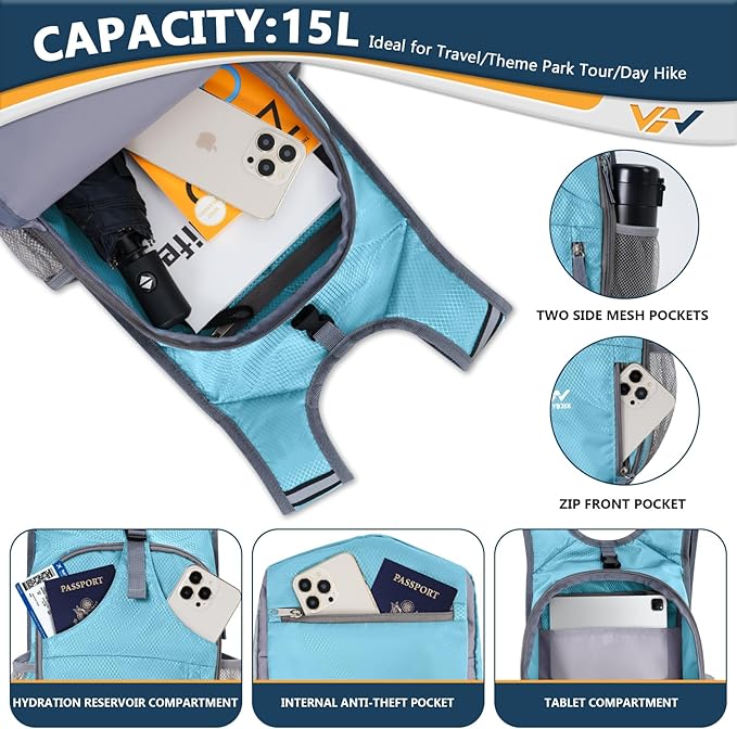 15L Foldable Hiking Backpack,Lightweight Packable Waterproof Machine Washable Daypack with Chest Strap,Small Folding Pack for Travel/Walking for Men&Women-0.52LB Blue