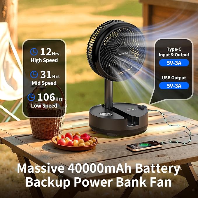 Socool 40000mAh Portable Fan Foldable Battery Rechargeable with 8 Speed & 106H, 90° Osciliating Floor Standing Fan Remote, Desk Fan with 8H Timer & LED Light for Home Outdoor Travel Camping