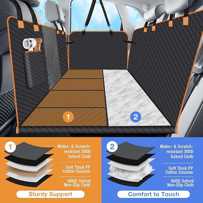 Dog Car Seat Cover for Back Seat, Dog Car Bed Cover with Strong Hard Bottom 4 Panels, Back Seat Extender Hammock for Cars SUV Truck Black Color