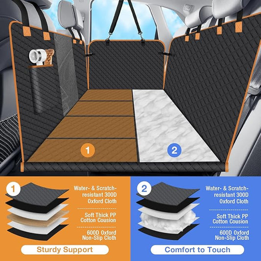 Dog Car Seat Cover for Back Seat, Dog Car Bed Cover with Strong Hard Bottom 4 Panels, Back Seat Extender Hammock for Cars SUV Truck Black Color