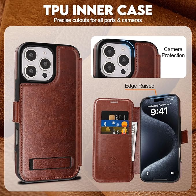 CIVICASE for iPhone 16 Pro Wallet Case with Stand,PU Leather Flip Credit Card Holder Slots (RFID Blocking),Compatible with Magsafe Magnetic Holder Phone Cover Women Men,Dark Brown