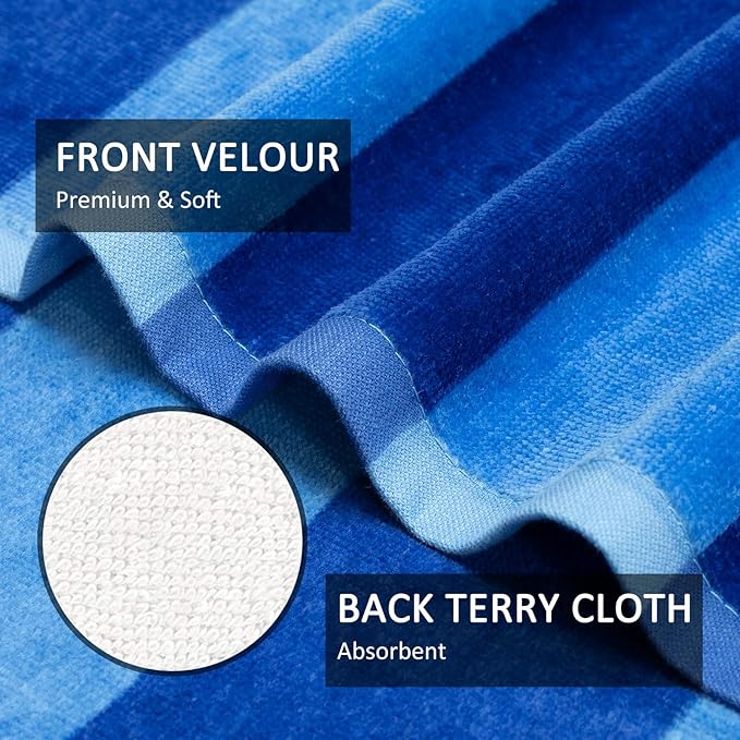 cabanana Large Beach Towel Oversized - Cotton Velour 35 x 70 Inch Blue Striped Terry Pool Towel, Cabana Soft Swimming Towel for Adults Women Men (Blue)