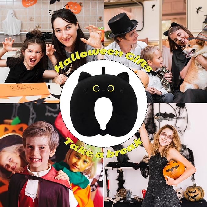 Travel Neck Pillow for Kids Adult, Cute Black Cat Kids Travel Pillow, Cartoon Neck Pillow for Traveling, Soft U Shaped Travel Pillow for Airplane, Car, Recline, Sleeping