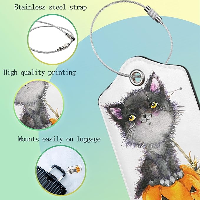 Cute Cat Luggage Tag,Halloween Pumpkin Luggage Tags of Set 2 Leather Identifiers Privacy Cover with Stainless Steel Loop for Women Men Travel Bag Suitcase