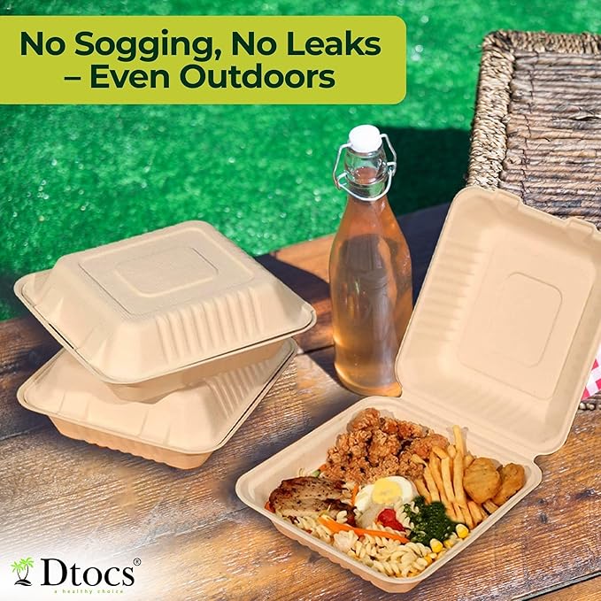 Dtocs Compostable Clamshell To Go Food Containers 8x8-70 Pc | Bamboo Fiber Heavy-Duty Disposable Microwavable Carry Out Container | Biodegradable Take Out Containers with Lids For Home, Chefs