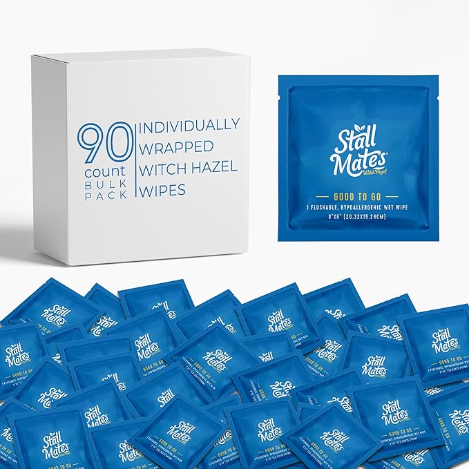 Stall Mates Wipes Witch Hazel: Flushable Wipes | Individually Wrapped | Travel Friendly | Soothing Witch Hazel | Unscented with Cucumber, Aloe and Chamomile | (90 on-the-go singles) BULK PACK
