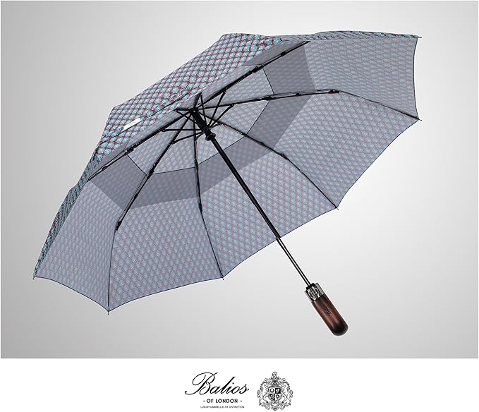 Balios Travel Folding Umbrella with Real Wood Handle Auto Open Close Vented Windproof Canopy - Designed in UK
