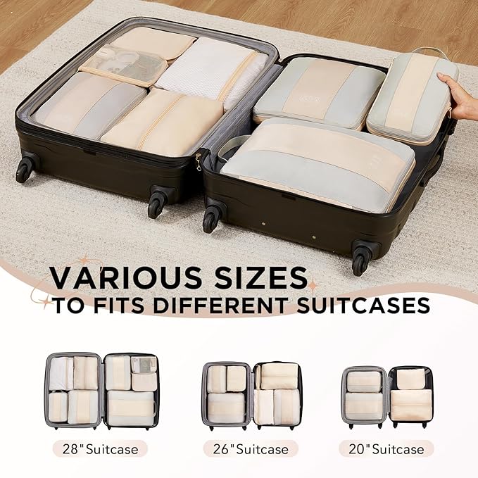 8 Set Compression Packing Cubes for Travel Essentials,Compressible Expandable Packing Cubes for Suitcase,OlarHike Luggage Organizer Bags for Travel,Handy Helper for Organizing Clothes(Beige)