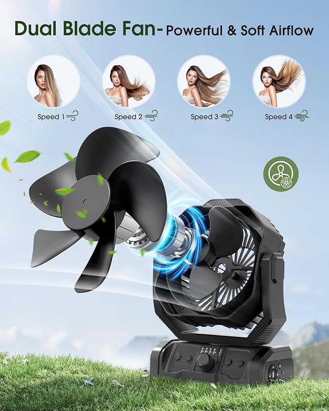 Portable Rechargeable Camping Fan - 20000mAh Cordless Battery Powered Tent Fans with LED Lantern, Remote Auto Oscillating USB C Operated Table Ventilador for Travel Picnic Barbecue Outdoor