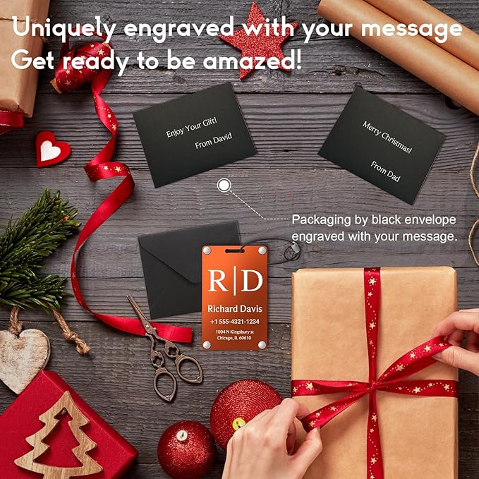 Personalized Luggage Tags for Suitcases - Monogram Style Aluminum Custom Luggage Tags for Backpacks & Bags, Sturdy, Waterproof & Heavy Duty (Orange/Card-Sized)