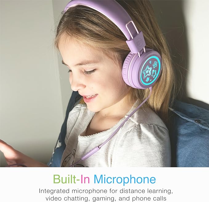 MEE Audio KidJamz KJ55 Safe Listening USB-C Headphones for Children with Multicolor LED Lights, Volume Limiter, & Mic; On-Ear Wired Headset for iPhone 16, iPad, & USB Type C Devices (Lavender)