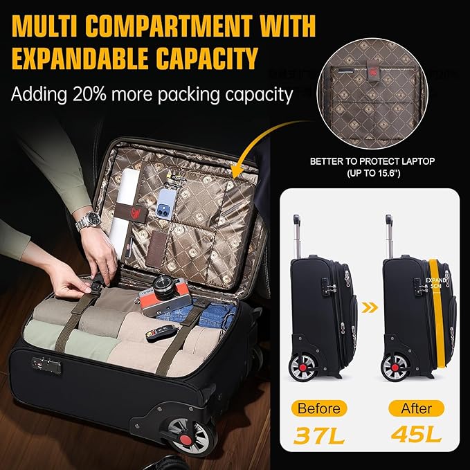 ROPLUS Laduga Softside Expandable Luggage with Large Steel Wheels Carry-On Luggage Suicase (Blue, 21-Inch)