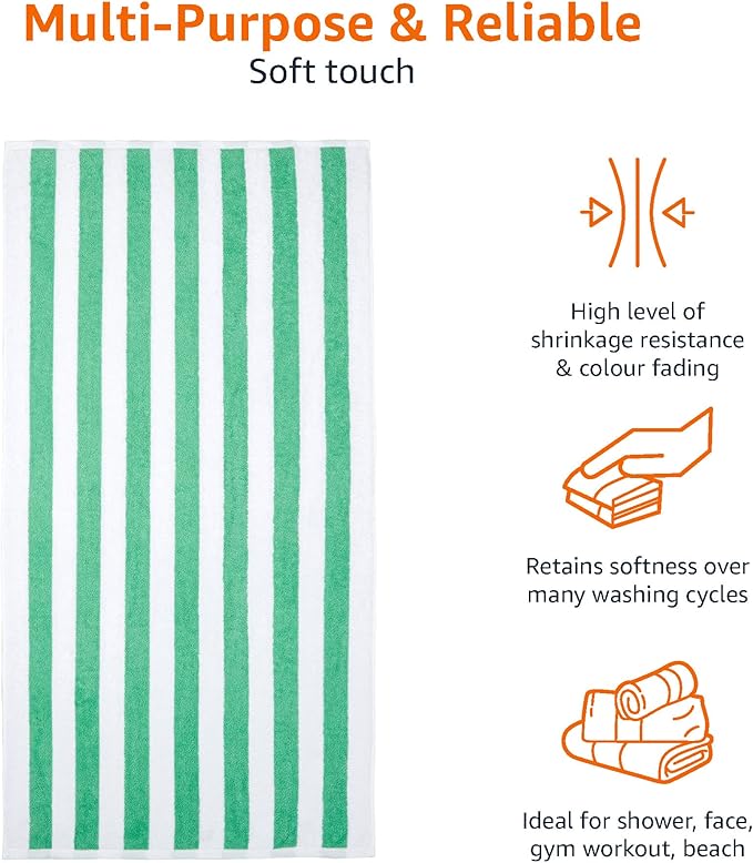 Amazon Basics 100% Cotton Terry Cabana Stripe Pool & Beach Towel, Soft & Absorbent, Quick Drying, Large, 2-Pack, Green, 30" x 60"