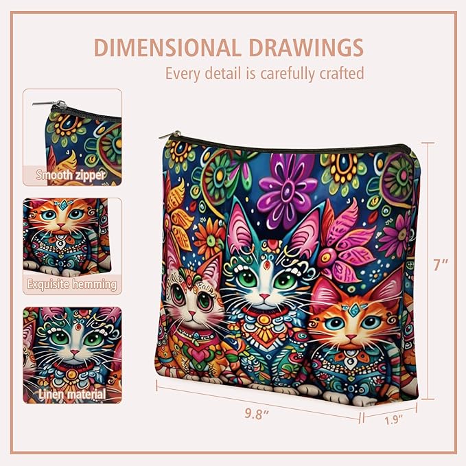 Bohemian Cat Makeup Bag Gift: Cute Boho Cats Themed Cosmetic & Toiletry Organizer Pouch For Daughters, Sisters, Friends,Teen Girls & Women.Ideal Gift For Travel, Birthdays, & Christmas.