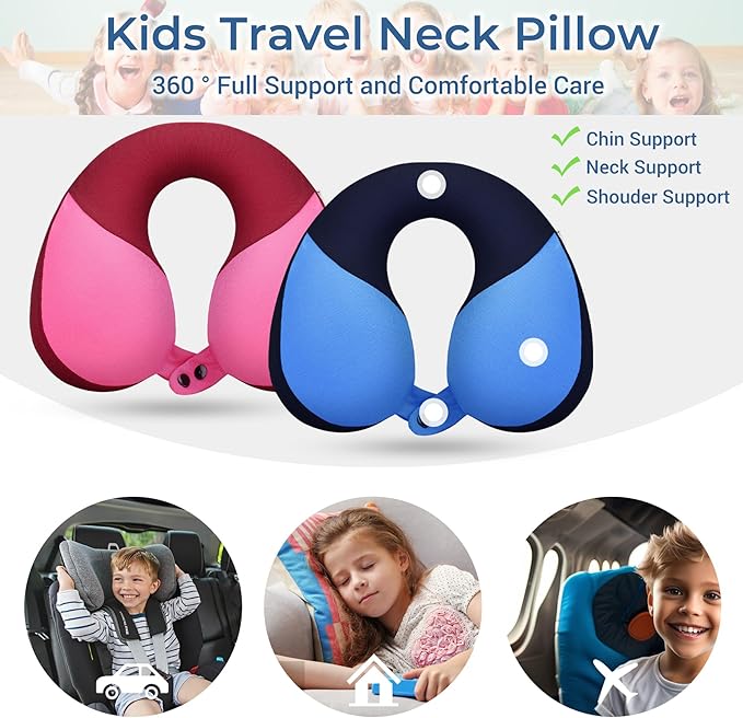 COOLBEBE Kids Travel Neck Pillow 2PCS Softly Double Support Neck Pillow for Car & Airplane, Traveling Gifts for Toddler & Children(Blue & Pink)