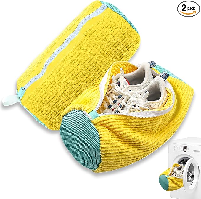 2Pcs Shoe Washing Machine Bag, Quick & Easy Cleaning, Laundry Shoe Bag for Washer and Dryer, Cleaning Bag for Sneaker & Most Shoe Types and Sizes (Yellow)