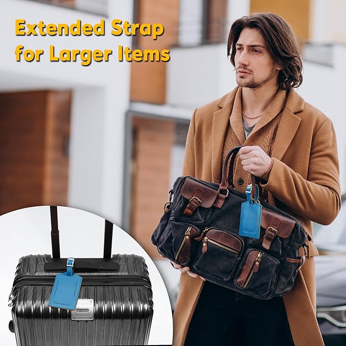 Travelambo 8 Pack Luggage Tags Faux Leather for Suitcases Travel Bag Labels Travel Accessories Essential with Protection Cover ID (Blue)