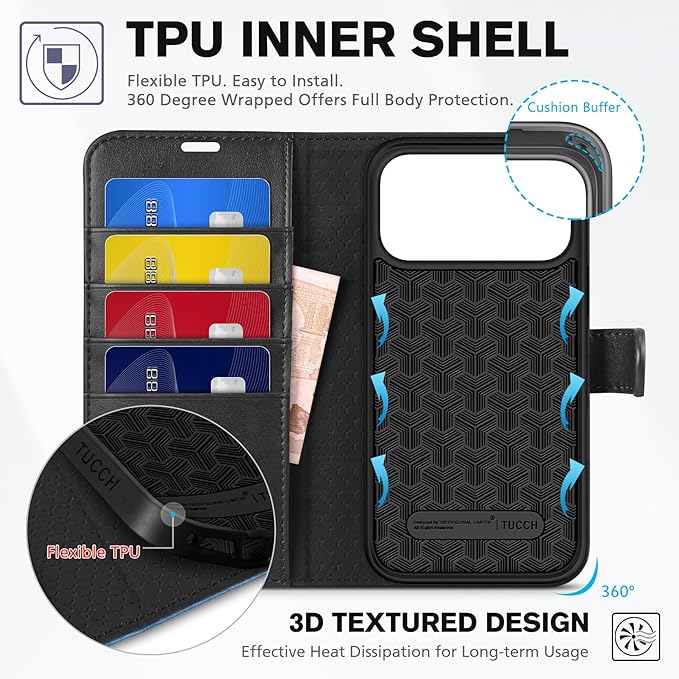 TUCCH Wallet Case for iPhone 17 Pro Max (6.9") 2025, RFID Blocking 4 Card Slots | Kickstand | Magnetic Closure | PU Leather | Shockproof TPU Shell | Protective Cover | Black & Light Blue